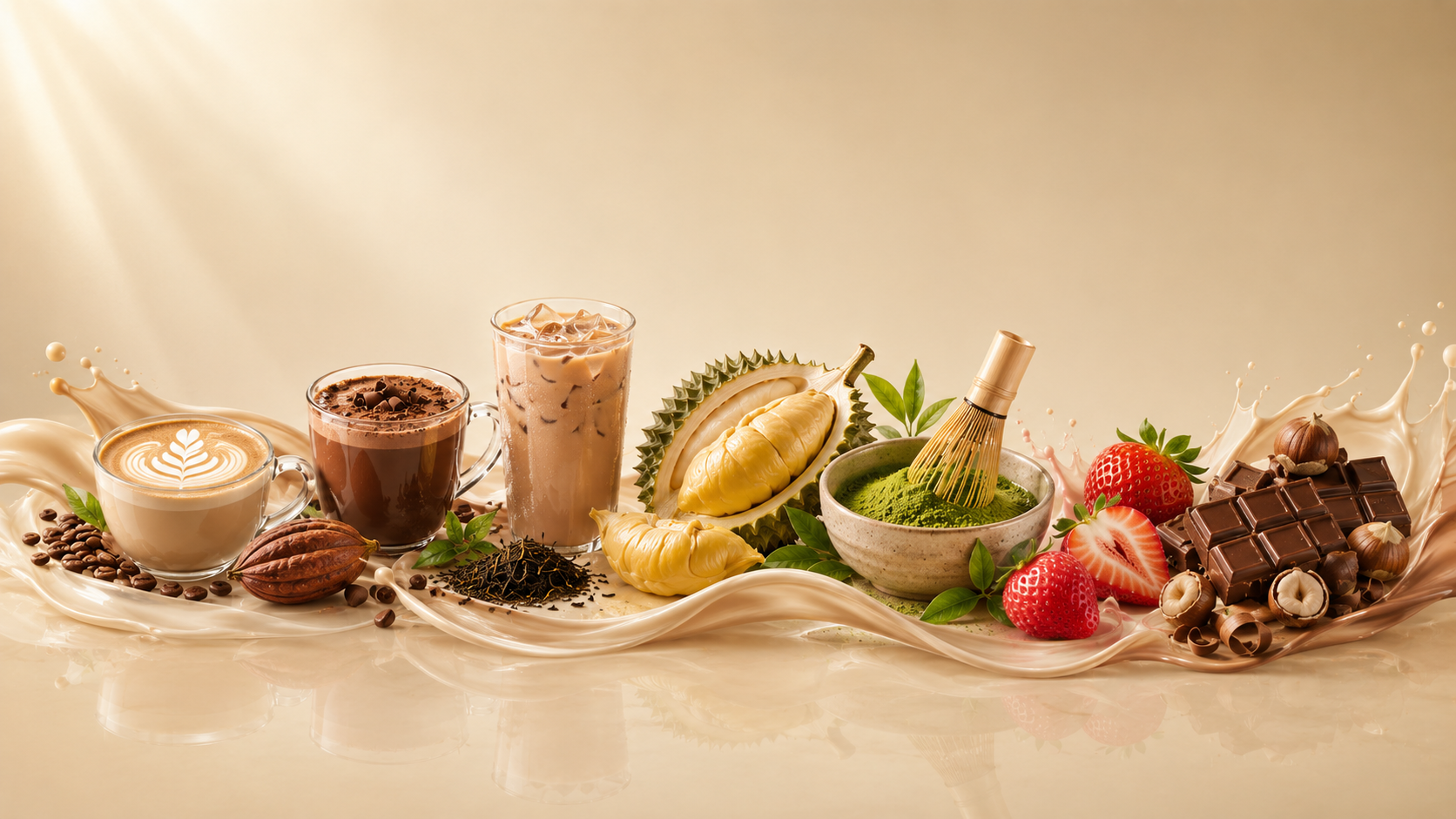 Absolute Series flavor ingredients with cocoa, coffee, tea, matcha, strawberry, and durian