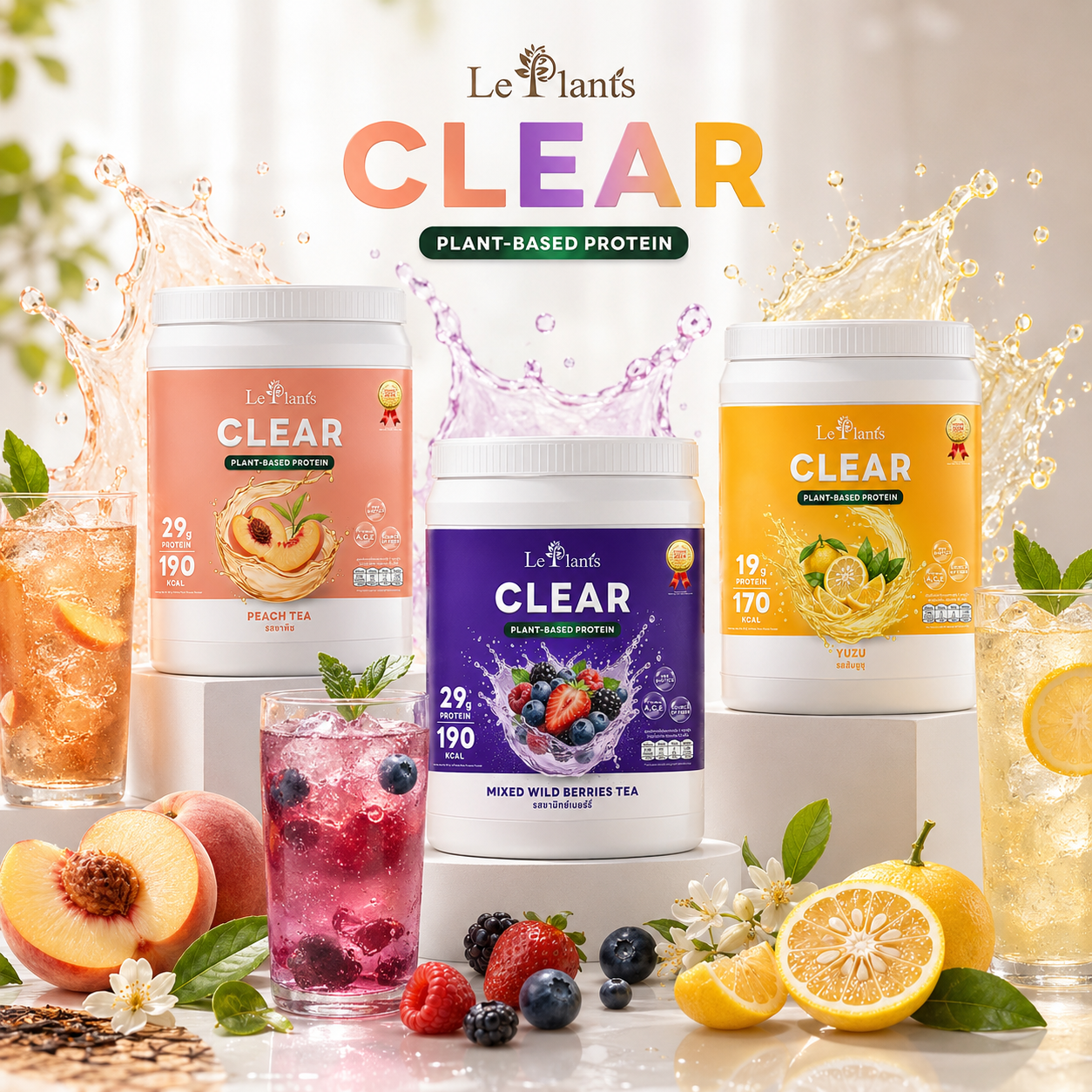 Clear plant-based protein Yuzu, Peach Tea, and Mixed Wild Berries Tea